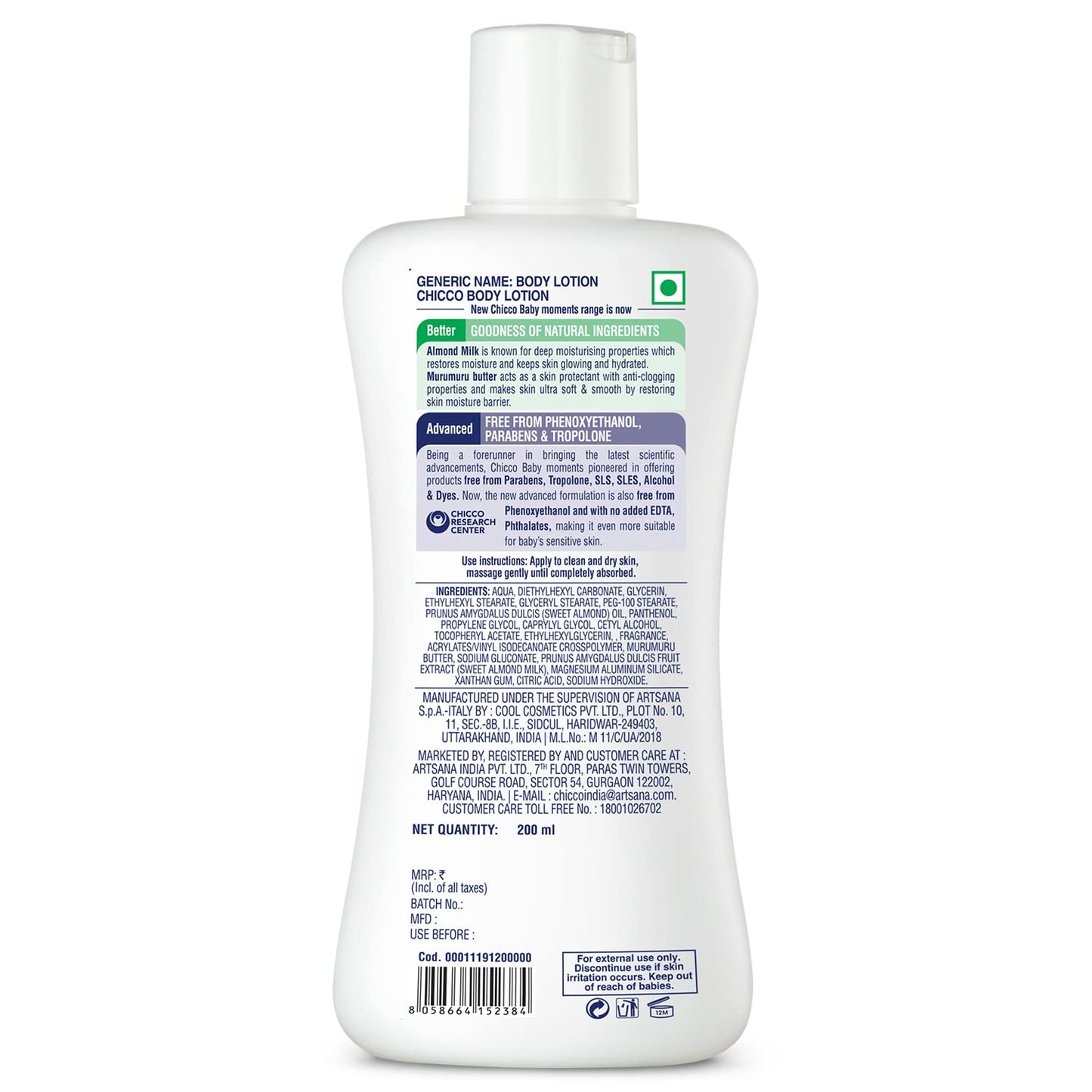 Chicco Baby Moments Body Lotion 200ml | Almond Milk & Murumuru Butter | Quick Absorb Formula with Natural Ingredients for Ultra Soft Skin | Dermatologically Tested | Parabens & Phenoxyethanol Free