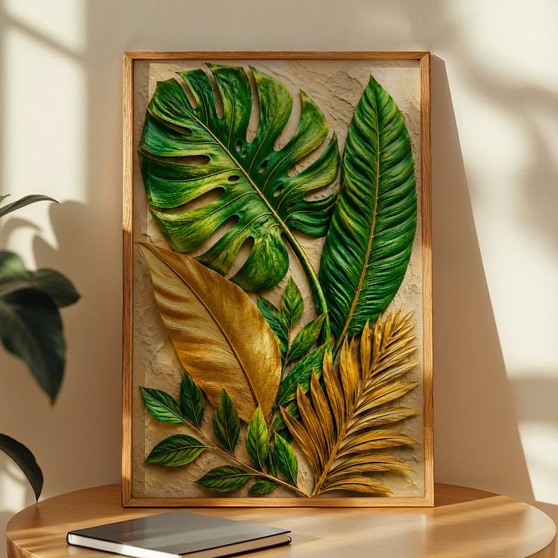 Tropical Leaf Wall Painting with Frame Set of 1 | Premium Textured Green & Gold Monstera Palm Leaves Artwork, Luxury Botanical Nature Wall Decor for Living Room, Bedroom, Office and Home Decoration (Art-10,10x13inch)