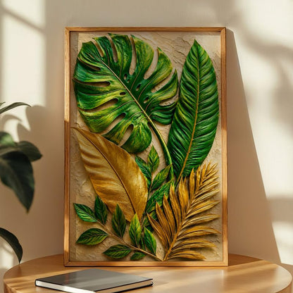 Tropical Leaf Wall Painting with Frame Set of 1 | Premium Textured Green & Gold Monstera Palm Leaves Artwork, Luxury Botanical Nature Wall Decor for Living Room, Bedroom, Office and Home Decoration (Art-10,10x13inch)