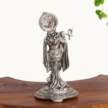 Silver Plated Krishna Playing Flute Idol – Standing Pose Statue for Mandir, Pooja & Home Decor Showpiece