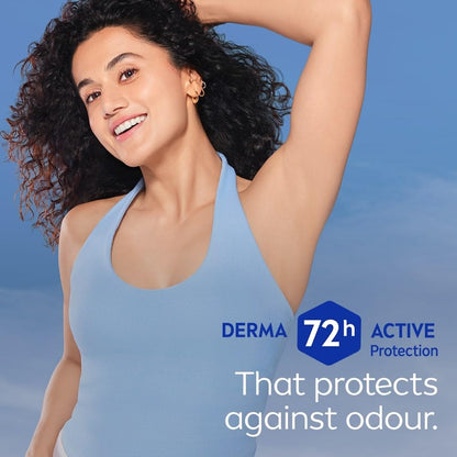 Woman wearing a light blue tank top with 'Derma 72h Active Protection' text on a blue background