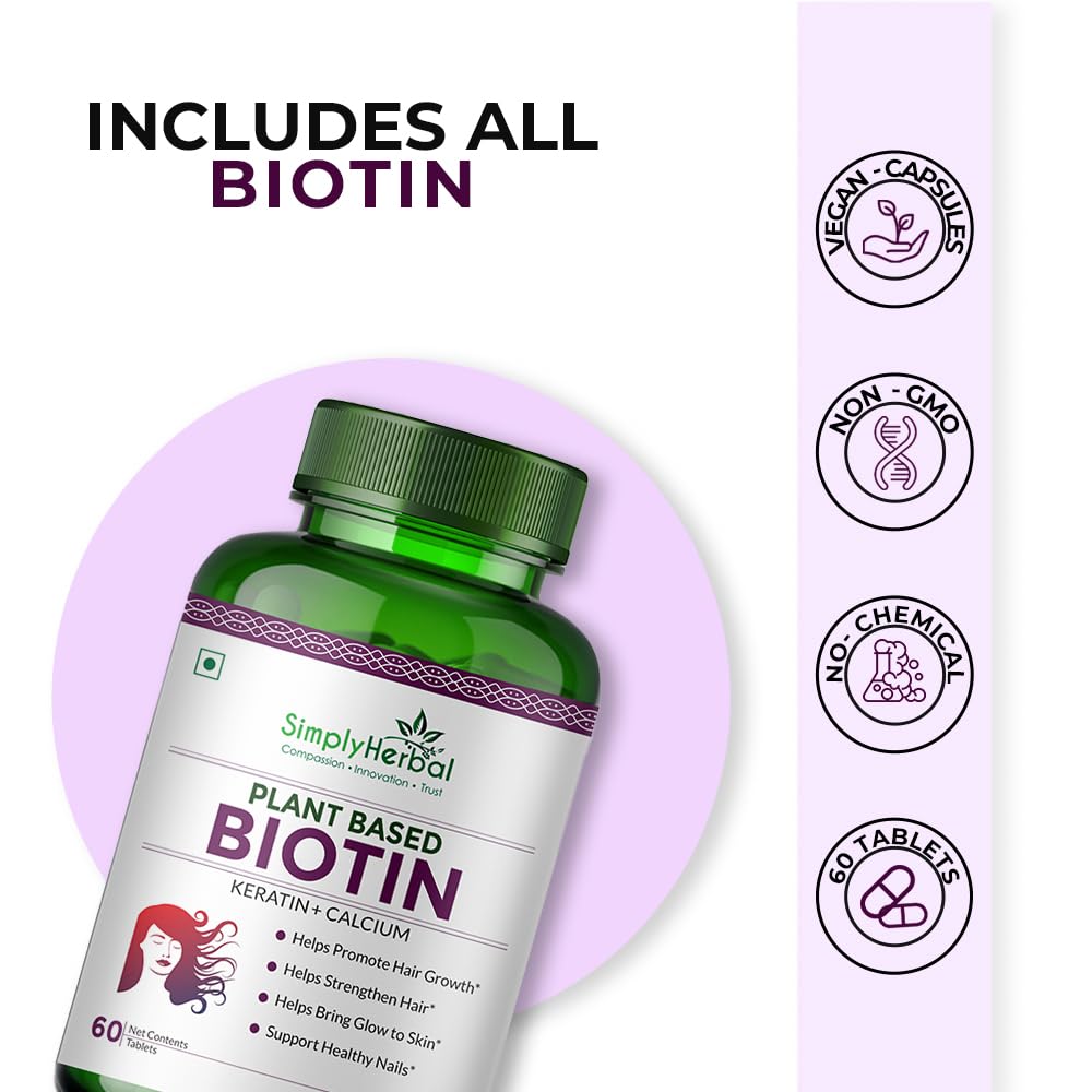 Green supplement bottle labeled 'Simply Herbal' with biotin on a light purple background