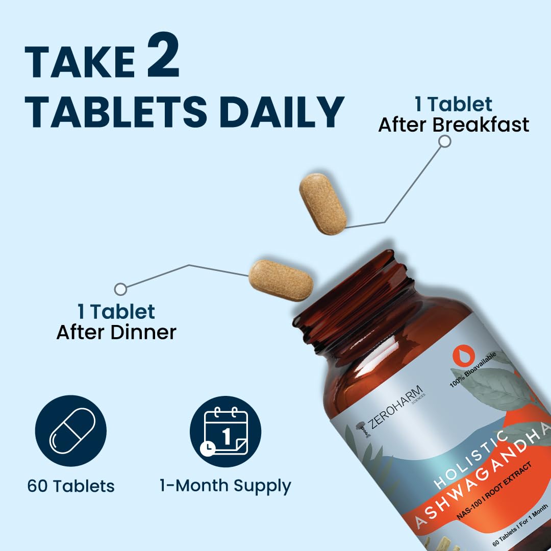 ZEROHARM Nano Ashwagandha Supplement with 10% Withanolides 600mg Per Serving | Ashwagandha Root + Pectin | Natural Adaptogen for Stress Balance, Energy, Focus & Performance | Men & Women | 60 Tablets