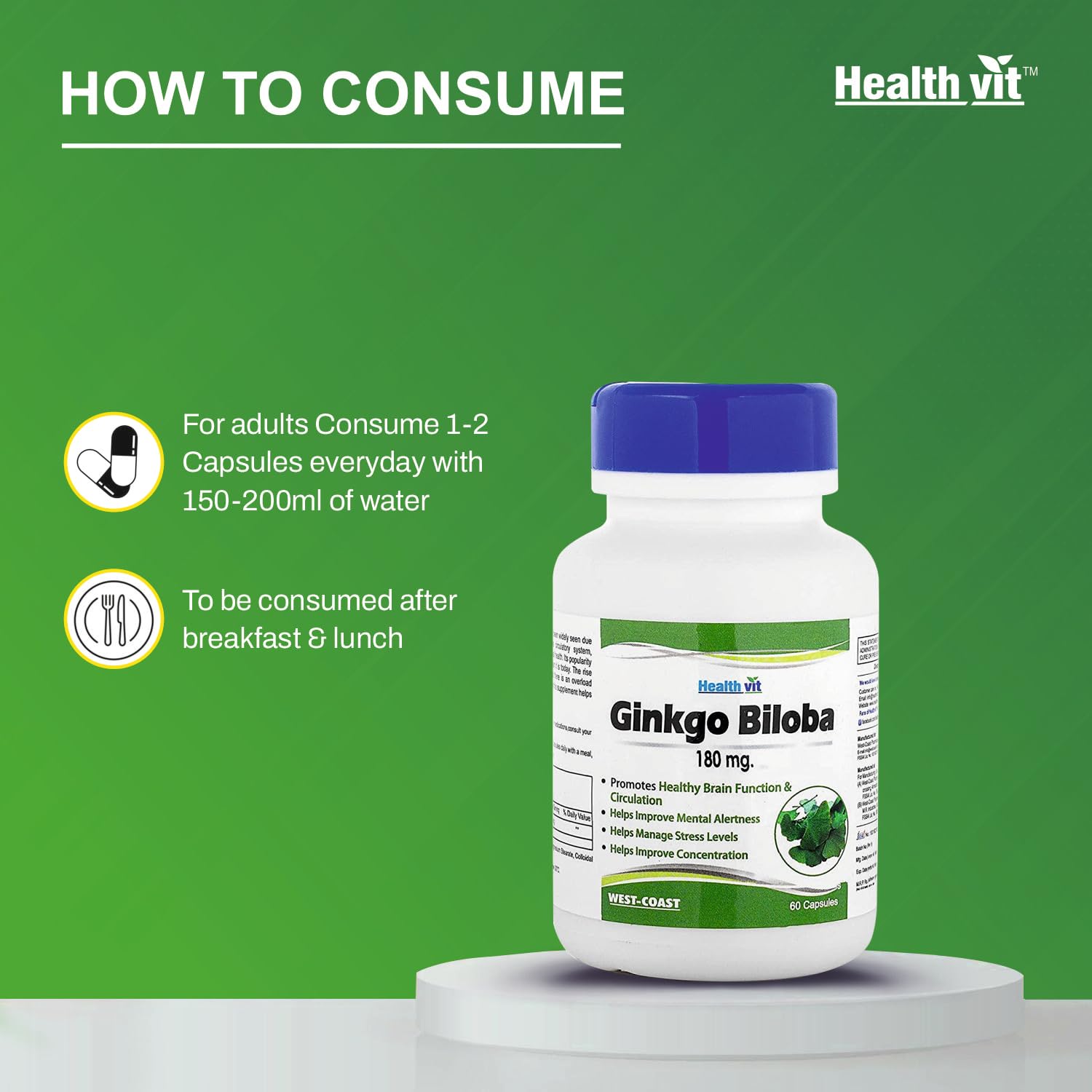 Healthvit Ginkgo Biloba supplement bottle with consumption instructions on a green background