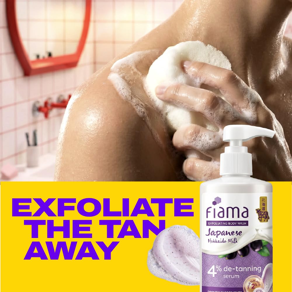 Fiama 4% Detan Serum Exfoliating Body Wash 250ml, 2% Salicylic Acid, 1% Glycolic Acid, 1% Exfoliating Tan Removal Shower Gel, Gently removes dead skin | Exotic Japanese Hokkaido Milk, Punchy Grapefruit Fragrance
