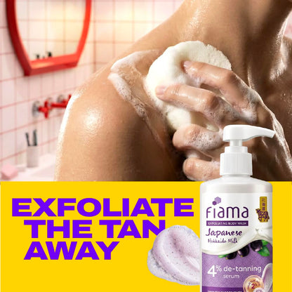 Fiama 4% Detan Serum Exfoliating Body Wash 250ml, 2% Salicylic Acid, 1% Glycolic Acid, 1% Exfoliating Tan Removal Shower Gel, Gently removes dead skin | Exotic Japanese Hokkaido Milk, Punchy Grapefruit Fragrance