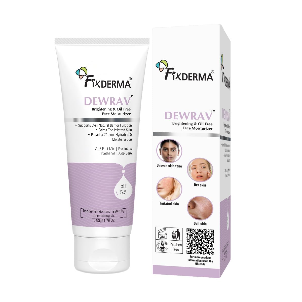 Fixderma Dewrav Brightening & Oil-Free Face Moisturizer with Panthenol & ACB Fruit Mix | 24-Hour Hydration | Dermatologist Recommended for Women & Men - 50g