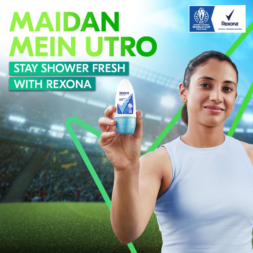 Woman holding a Rexona deodorant bottle with a sports stadium background and Rexona logo.