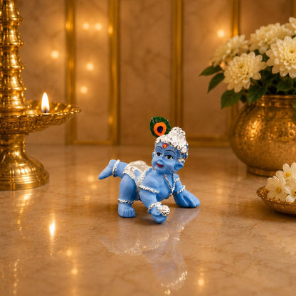Gold Art India 999 Silver Plated Blue Laddu Gopal Idol | Premium Velvet Gift Box | Bal Krishna Murti for Home Temple & Office | 2.5 Inch