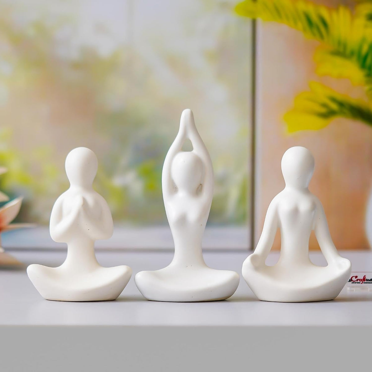 eCraftIndia Set of 3 White Ceramic Meditation Yoga Pose Statue | Yoga Women Figurine Home Decor Items Showpiece for Meditation Room Living Room Bedroom Table Shelf TV Unit | Gift for Birthday