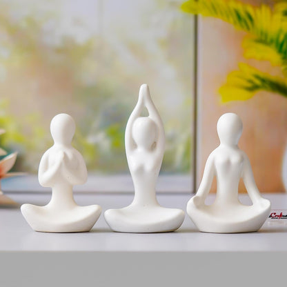 eCraftIndia Set of 3 White Ceramic Meditation Yoga Pose Statue | Yoga Women Figurine Home Decor Items Showpiece for Meditation Room Living Room Bedroom Table Shelf TV Unit | Gift for Birthday