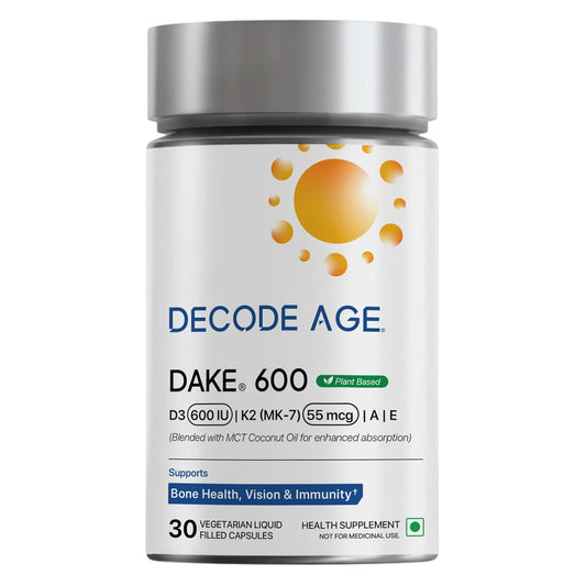 Decode Age DAKE 600 IU | Vitamin D3 K2 Supplement with Vitamins E & A in MCT Oil for Bone, Immune, Heart and Vision Support | Vegan Capsules | 1 Month Supply
