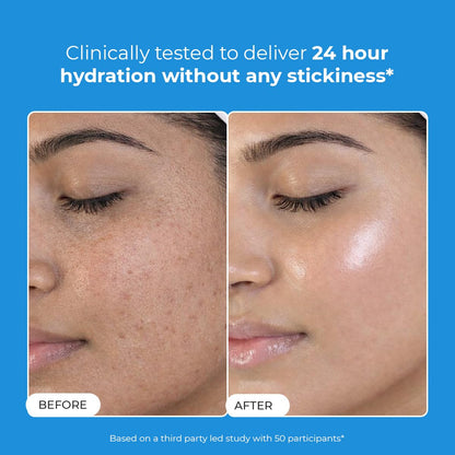 Before and after comparison of skin hydration with a blue background and text about 24-hour hydration.