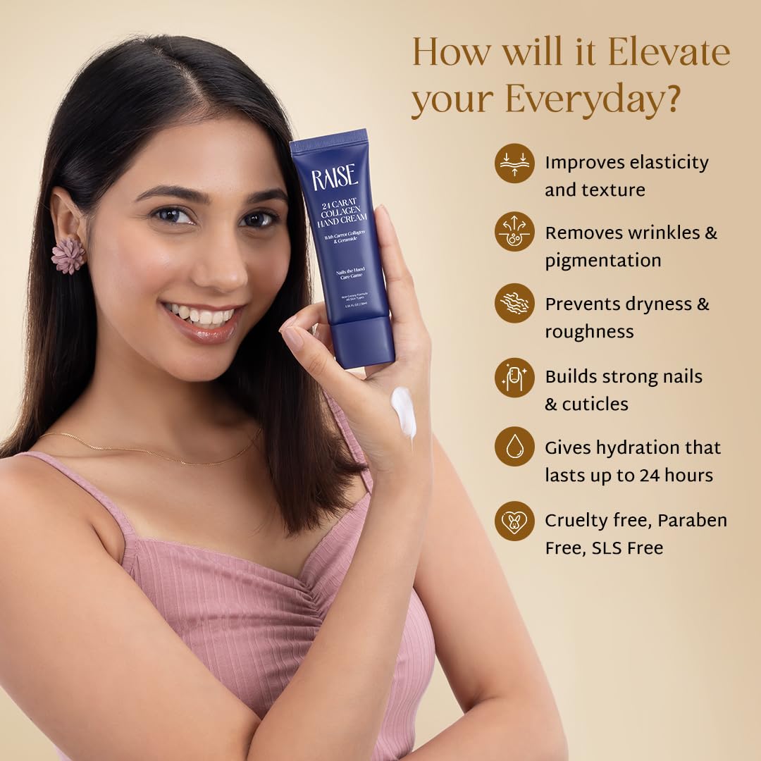 Raise 24 Carat Collagen Hand Cream | Anti-Aging Moisturizer for Hands with Niacinamide, Ceramides & Carrot Collagen | Fades Wrinkles & Fine Lines | 30ml