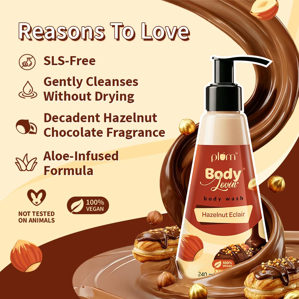Plum Bodylovin' Hazelnut Eclair Body Wash | SLS-Free Creamy Body Wash | Hydrating Formula | Hazelnut & Vanilla Notes | Aloe-Infused Nourishing Body Cleanser For Soft & Smooth Skin | Decadent Hazelnut Chocolate Fragrance | 240ml