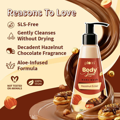 Plum Bodylovin' Hazelnut Eclair Body Wash | SLS-Free Creamy Body Wash | Hydrating Formula | Hazelnut & Vanilla Notes | Aloe-Infused Nourishing Body Cleanser For Soft & Smooth Skin | Decadent Hazelnut Chocolate Fragrance | 240ml
