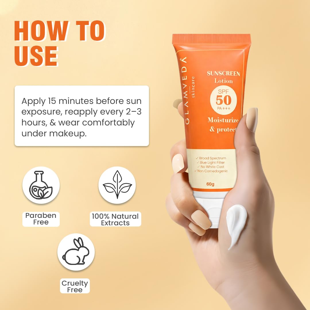 Glamveda Hybrid Sunscreen Lotion SPF 50 PA+++ | 60g | Transparent & Ultra-lightweight Sunscreen | Non-Greasy, Quick-Absorbing | Zero White Cast, All Skin Types | for Men & Women
