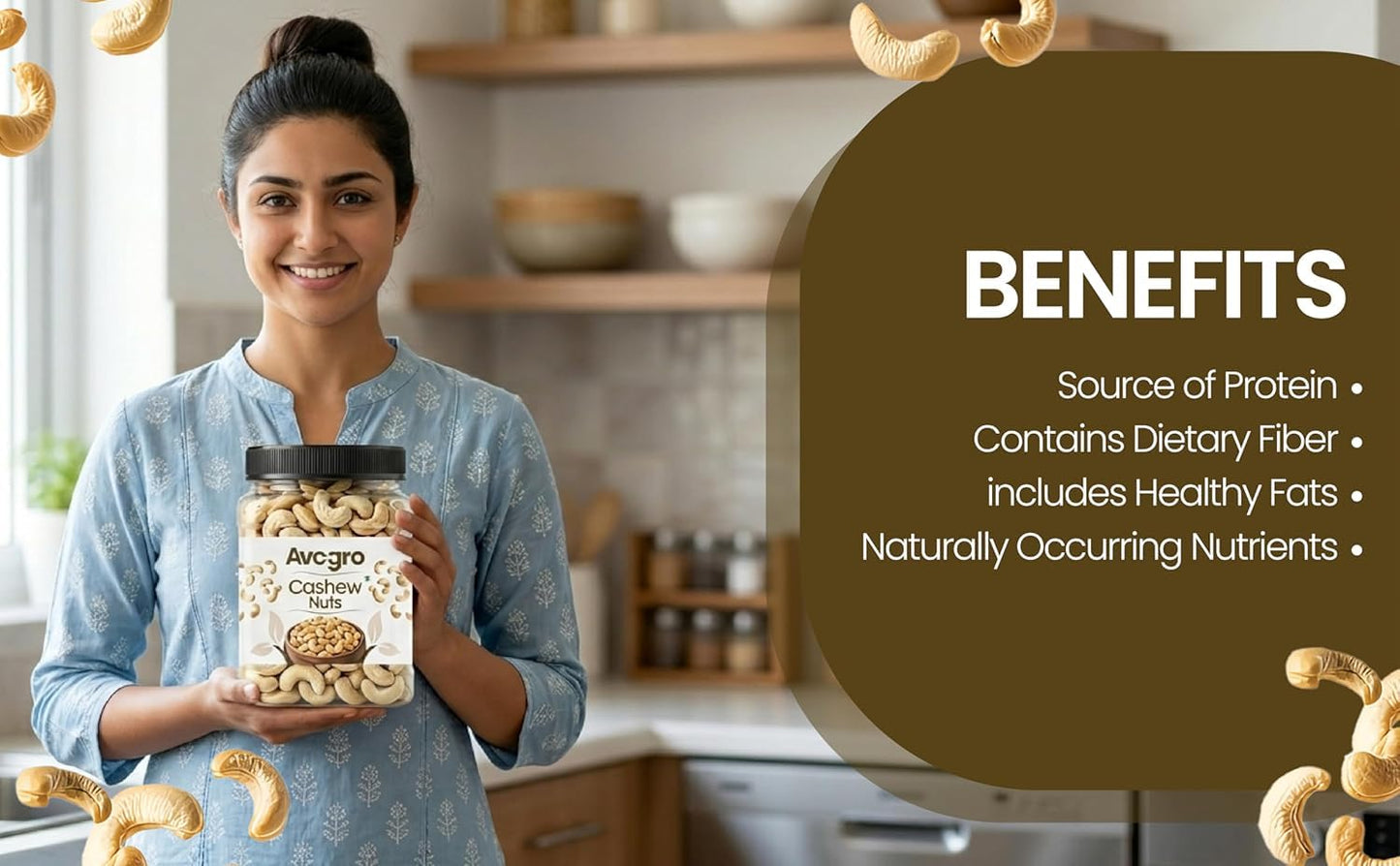 Avogro Premium Whole Cashews | Natural Kaju Crunchy Dry Fruits for Snacking Baking Cooking Desserts Hygienically Packed