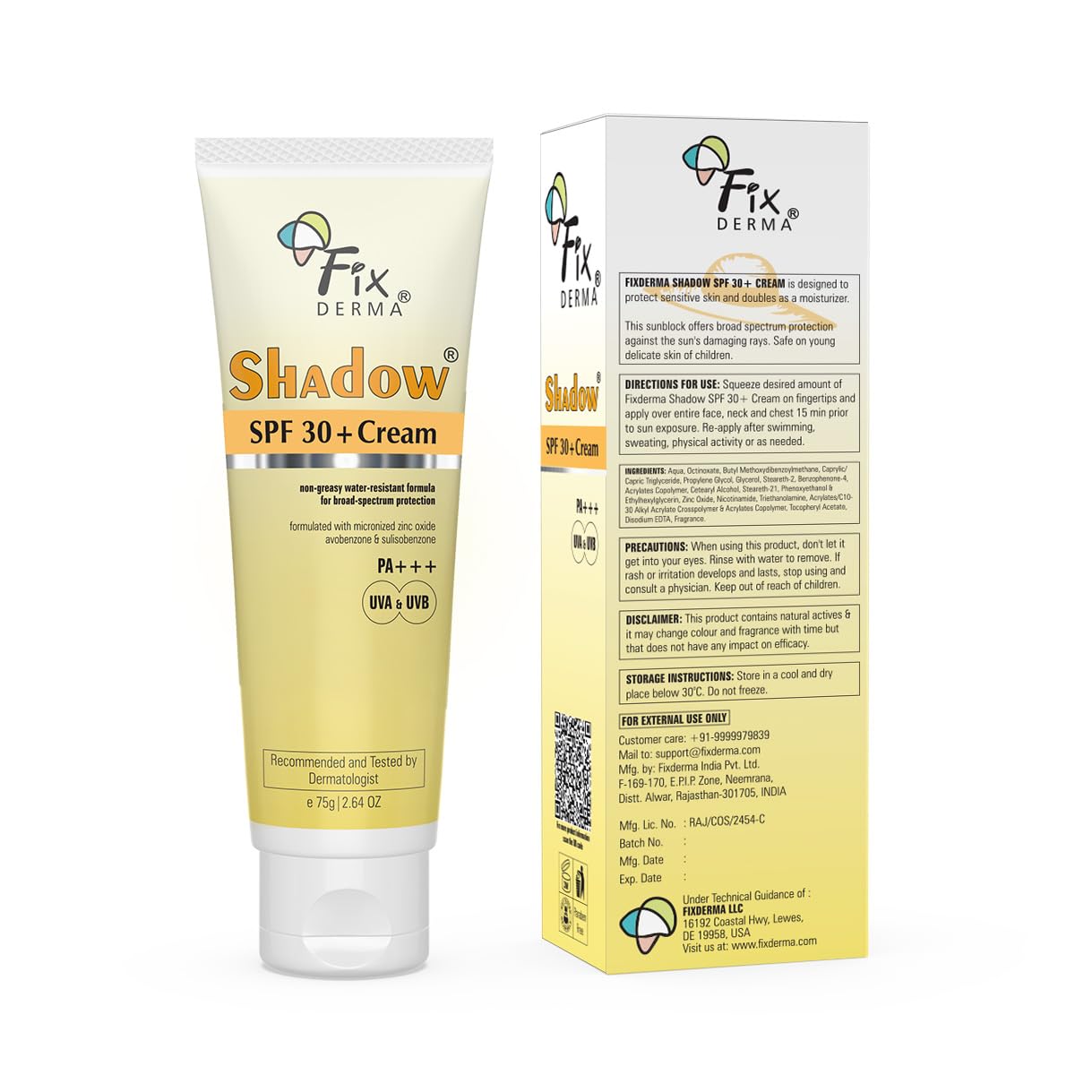 Fixderma Shadow Sunscreen SPF 30+ PA+++ Cream For Dry Skin | Broad Spectrum For UVA & UVB Protection | Non-Greasy | Water Resistant | No White Cast | Sunscreen For Dry Skin | For Men & Women | 75g