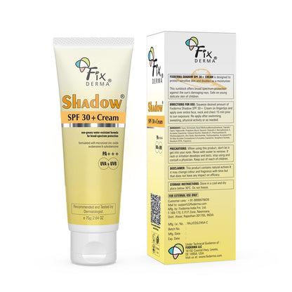 Fixderma Shadow Sunscreen SPF 30+ PA+++ Cream For Dry Skin | Broad Spectrum For UVA & UVB Protection | Non-Greasy | Water Resistant | No White Cast | Sunscreen For Dry Skin | For Men & Women | 75g