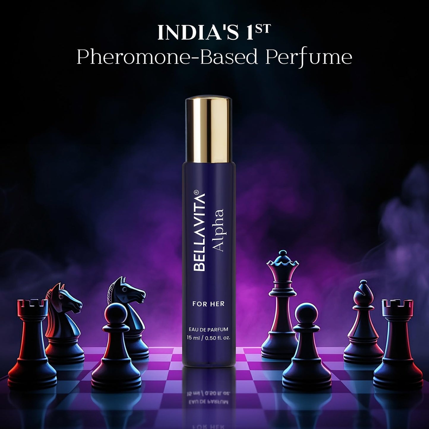 Bottle of Bellavita Alpha perfume on a chessboard with chess pieces, against a dark background.