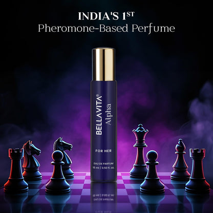 Bottle of Bellavita Alpha perfume on a chessboard with chess pieces, against a dark background.