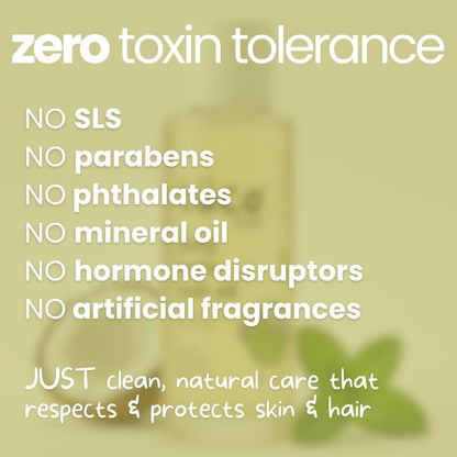 Zero toxin tolerance claim with a blurred background of a person using a product.