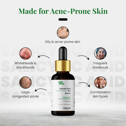 Zeelab 1RX Salicylic Acid 2% Face Serum 30ml | Acne & Pimple Control Serum | Unclogs Pores, Removes Blackheads & Whiteheads | Oil Control & Gentle Exfoliation for Oily & Acne-Prone Skin