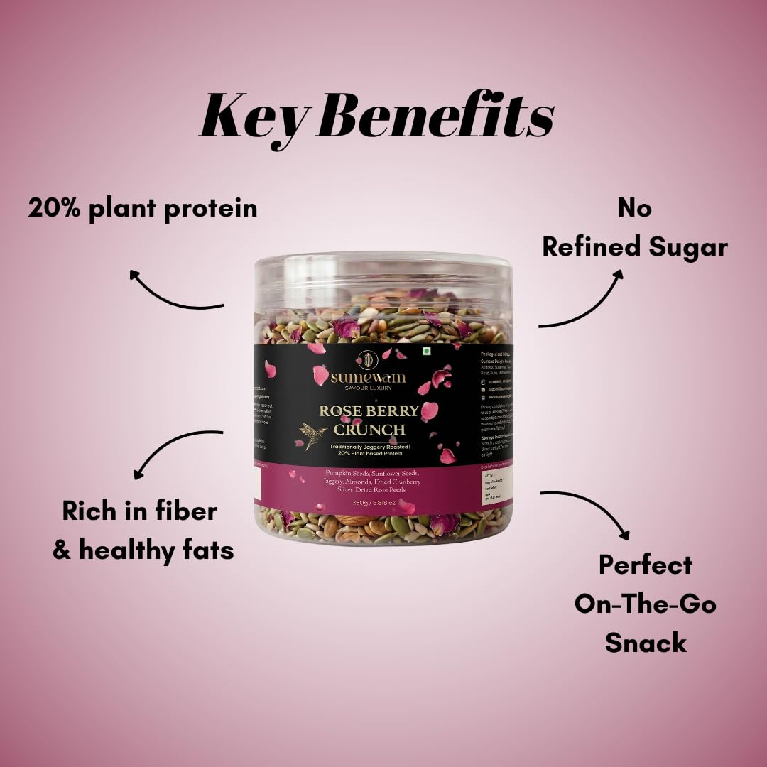 Sumewam Jaggery Roasted Seed/Trail Mix 250gm For Eating - Rose Berry Crunch, Roasted Pumpkin Seeds, Sunflower Seeds & Berries Mix with Jaggery, Almonds & Dried Rose Petals, High Plant Protein Healthy Snack