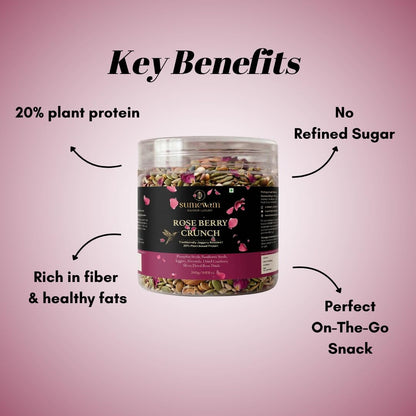Sumewam Jaggery Roasted Seed/Trail Mix 250gm For Eating - Rose Berry Crunch, Roasted Pumpkin Seeds, Sunflower Seeds & Berries Mix with Jaggery, Almonds & Dried Rose Petals, High Plant Protein Healthy Snack