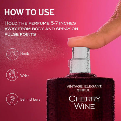 Perfume bottle labeled 'Cherry Wine' with usage instructions on a red background