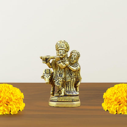Gold Plated Brass Radha Krishna Idol with Kamdhenu Cow for Home Dcor, Puja, and Gifting | Elegant Spiritual Figurine for Living Room, Office, or Personal Altar