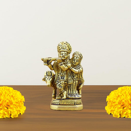 Gold Plated Brass Radha Krishna Idol with Kamdhenu Cow for Home Dcor, Puja, and Gifting | Elegant Spiritual Figurine for Living Room, Office, or Personal Altar