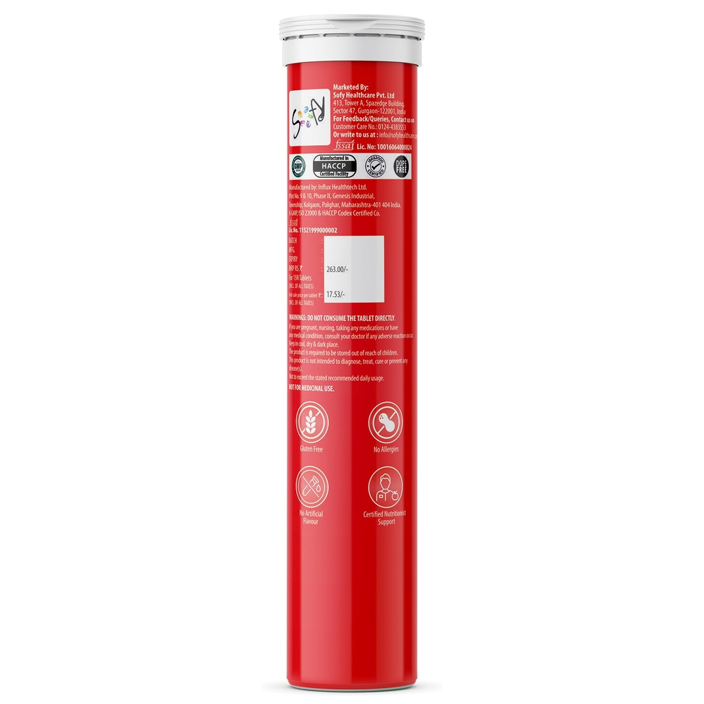 Red supplement tube with white label on a white background