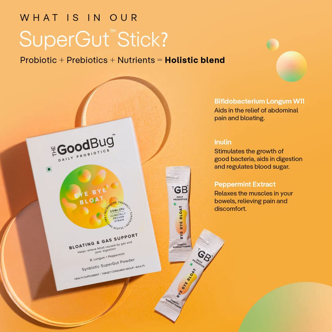 The Good Bug Bye Bye Bloat Supergut Powder For Gut Health & Strong Digestion | Pre & Probiotic Supplement | Helps With Bloating, Gas & Heartburn | 2.5 Billion Cfu Of Clinically Proven | 15 Days Pack