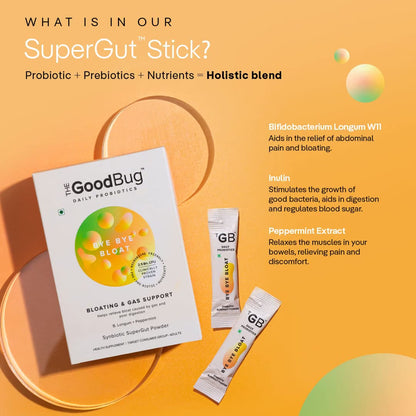 The Good Bug Bye Bye Bloat Supergut Powder For Gut Health & Strong Digestion | Pre & Probiotic Supplement | Helps With Bloating, Gas & Heartburn | 2.5 Billion Cfu Of Clinically Proven | 15 Days Pack