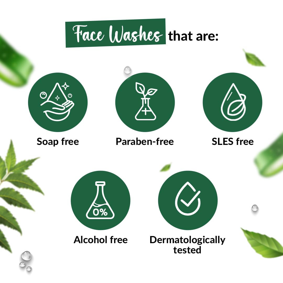 Icons indicating that the face washes are soap-free, paraben-free, SLES-free, alcohol-free, and dermatologically tested.