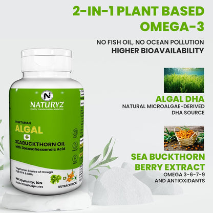 Naturyz Vegetarian Omega 3 Algae + Sea buckthorn Oil Capsules 1120mg | Highest Strength DHA 400mg | Gelatin Free, No Burps, No Fish Oil | Supports Healthy Heart, Skin, Brain & Gut | Plant source for Men & Women | 10 Liquid fill Capsules
