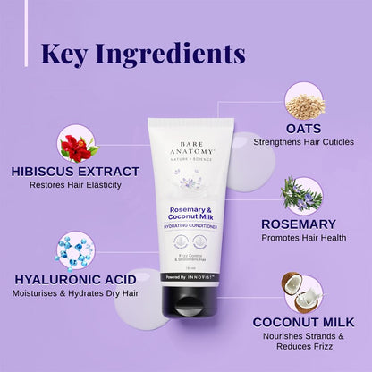 Bare Anatomy hair conditioner with key ingredients on a purple background