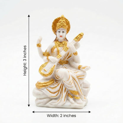 Mini Handcrafted Saraswati maa Idol (3 Inch) – White & Gold Finish Resin Murti with Veena for Home Mandir, Study Desk Décor & Spiritual Gift