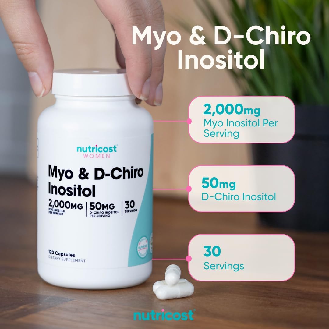 Nutricost Myo & D-Chiro Inositol supplement bottle with nutritional information on a wooden surface.