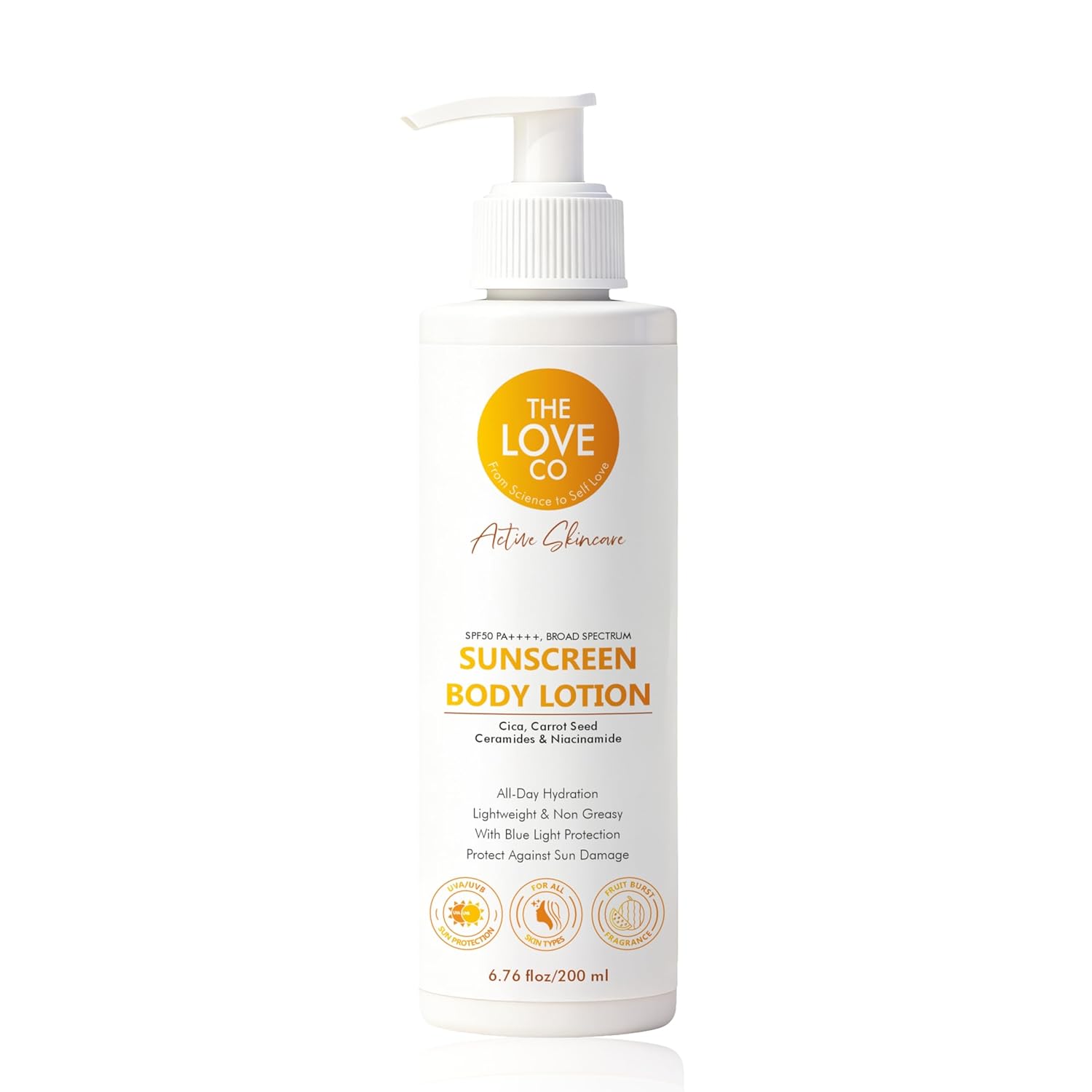 Sunscreen body lotion bottle with pump dispenser on a white background