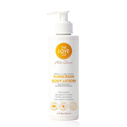 Sunscreen body lotion bottle with pump dispenser on a white background
