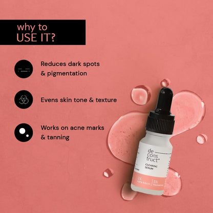 Skincare serum bottle with benefits on a pink background