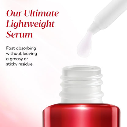 Red serum bottle with white cap on a white background, featuring text about the serum's properties.