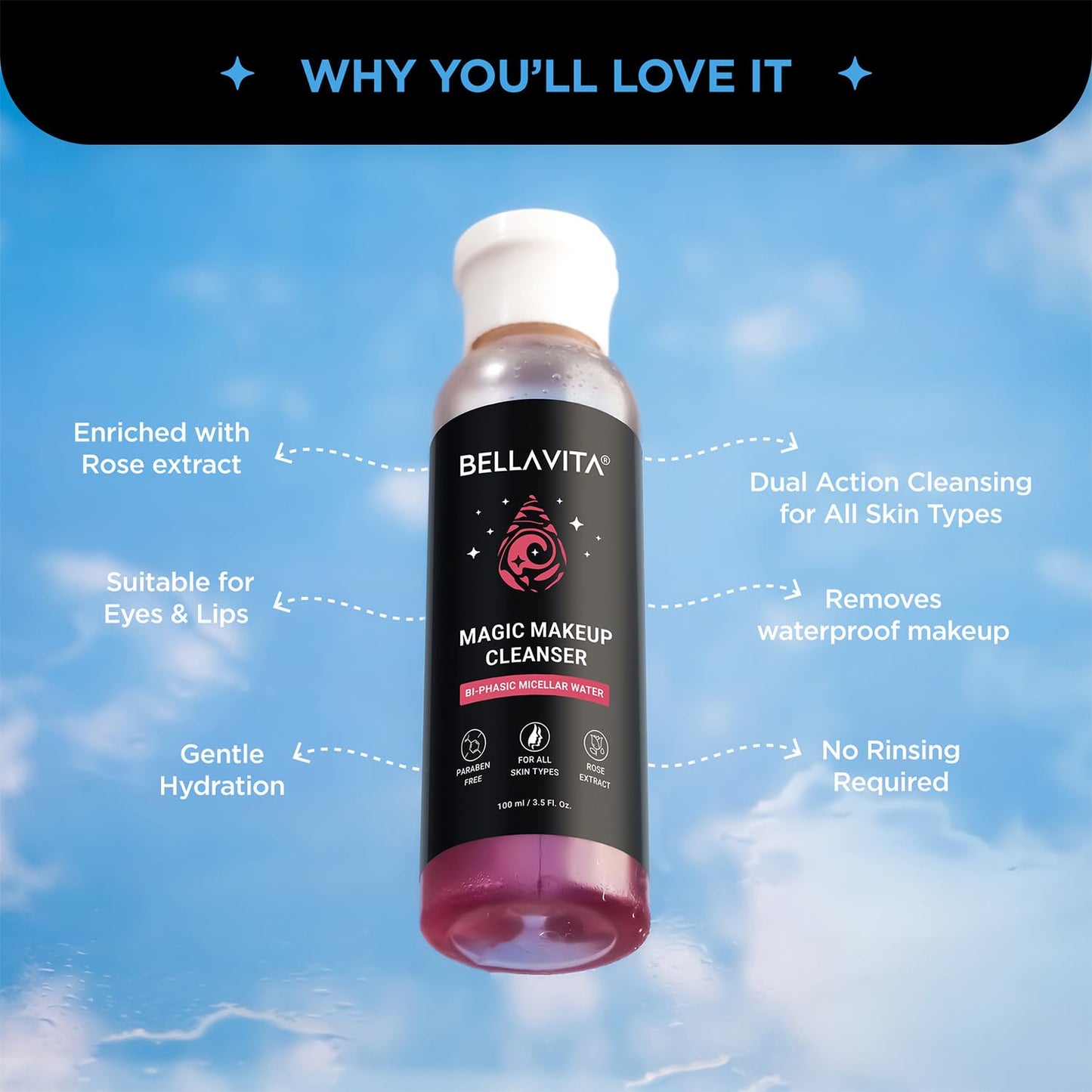 Bellavita Magic Makeup Cleanser bottle with cloud background