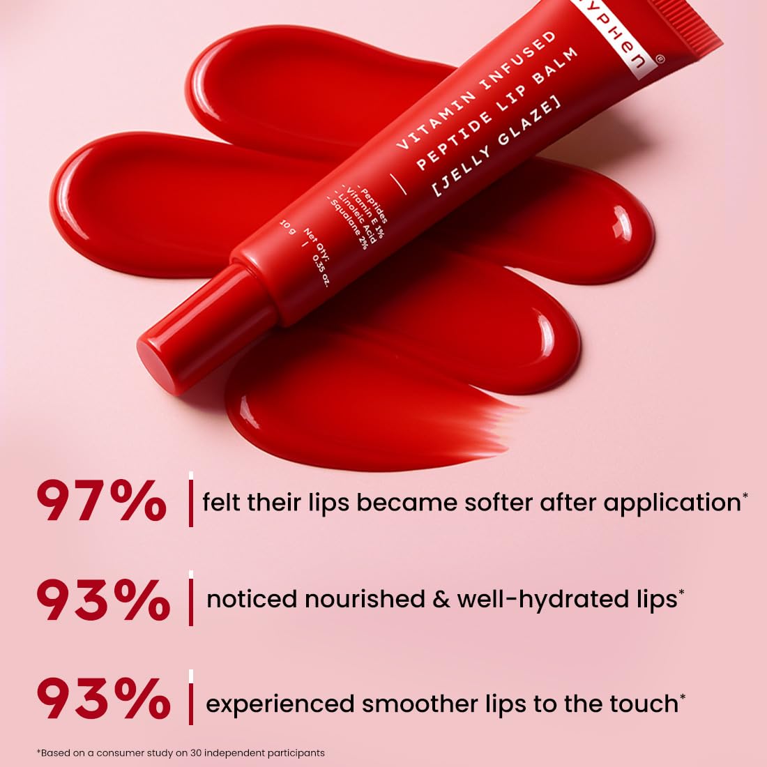 Red lip balm tube with product details on a pink background