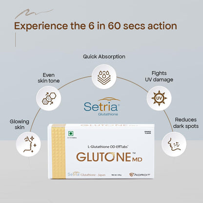 Setria Glutathione supplement packaging with benefits on a light gray background