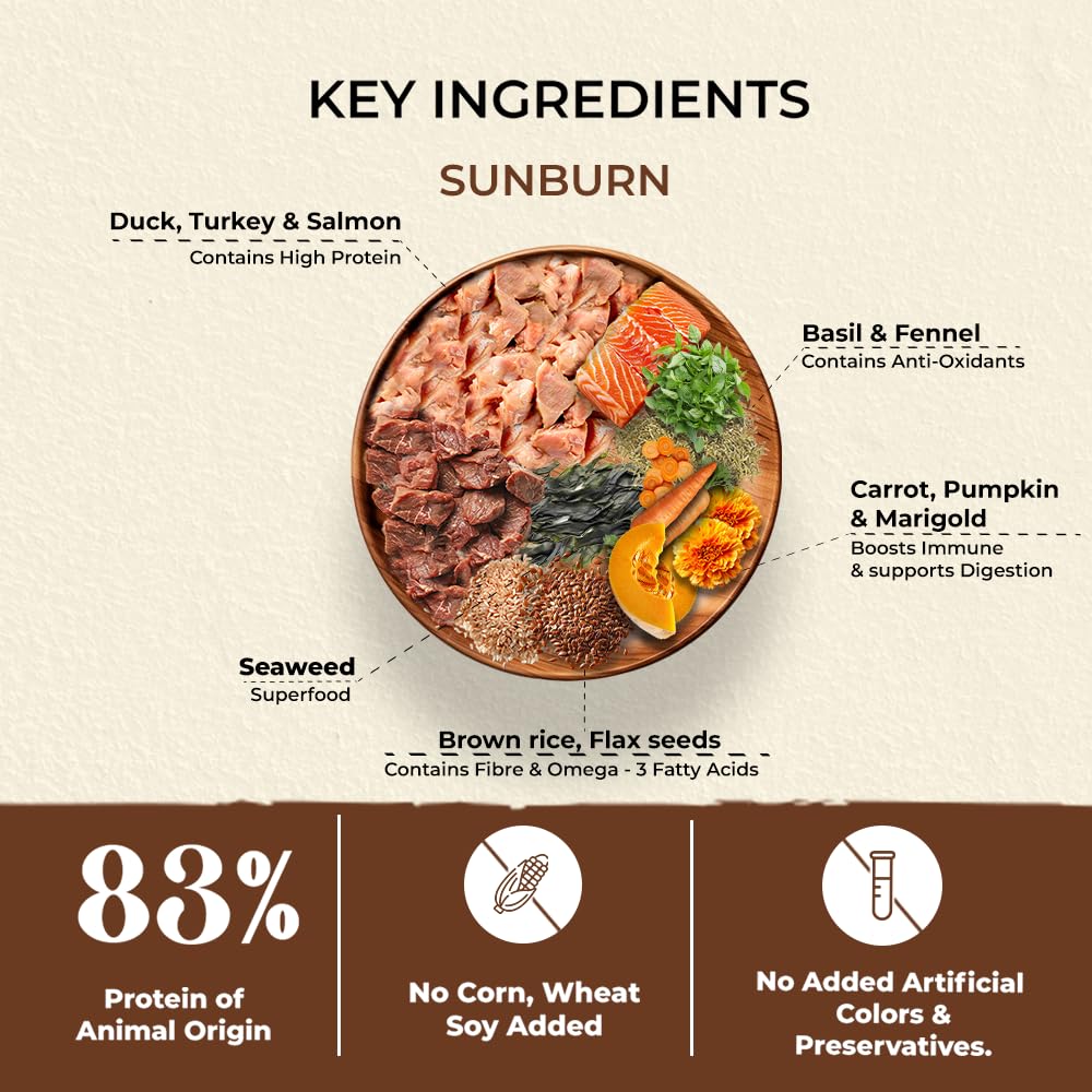 Brunos Sunburn Dry Dog Food - 250g (Pack of 1) | Duck, Turkey & Salmon | Multi-Meat Recipe | Chicken-Free |for All Life Stages | 32% Protein & 20% Fat | Supports Growth, Joints & Digestion