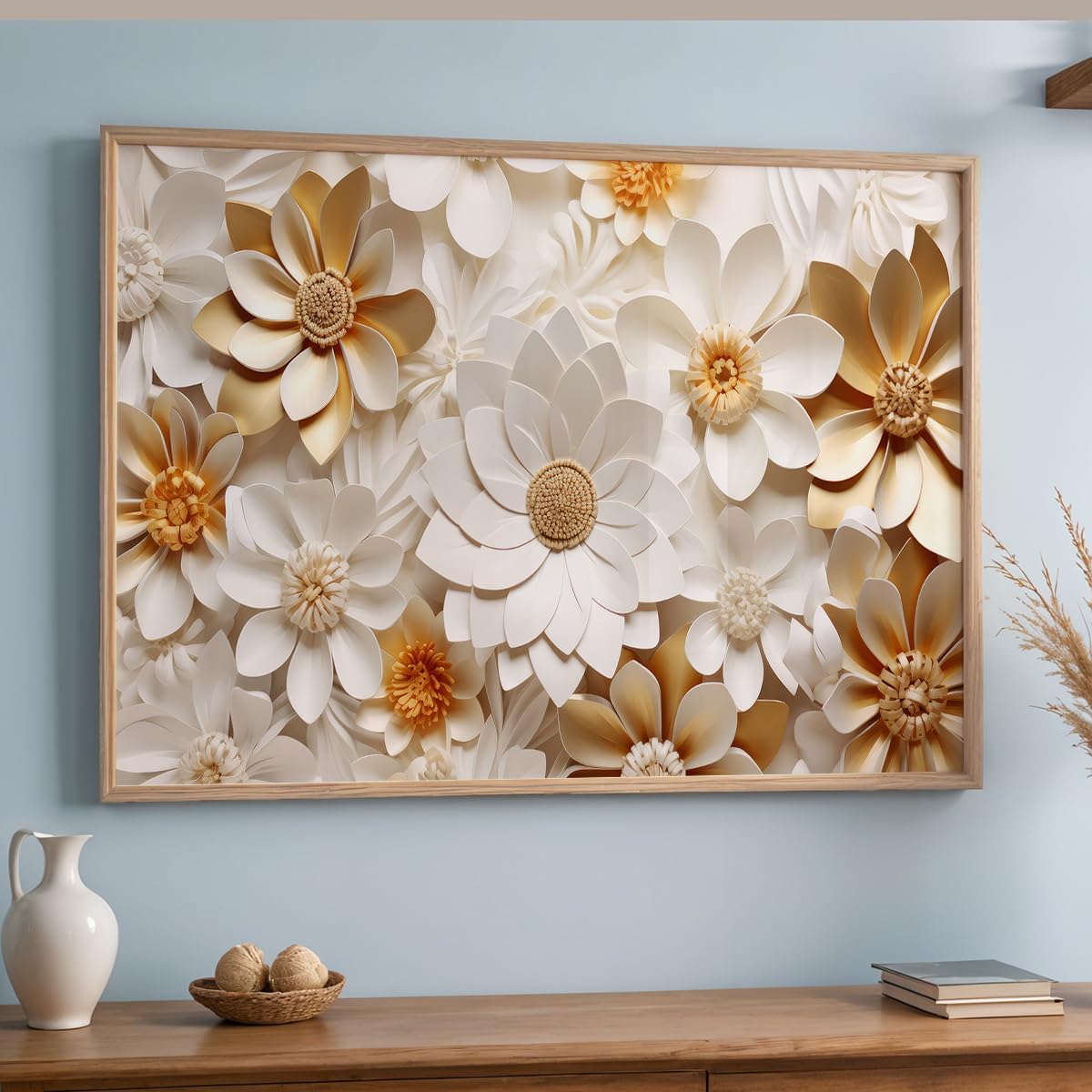 Floral Wall Painting with Frame Set of 1 | Premium White & Gold Flower Artwork, Luxury Textured Botanical Wall Decor for Living Room Bedroom Office Home Decoration (Art-10,13x19inch)